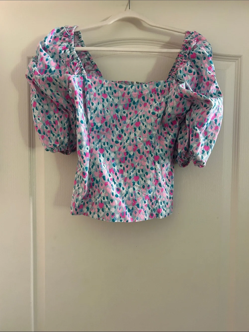 Lilly Pulitzer Pink & Blue Puff-Sleeve Square Neck Blouse
